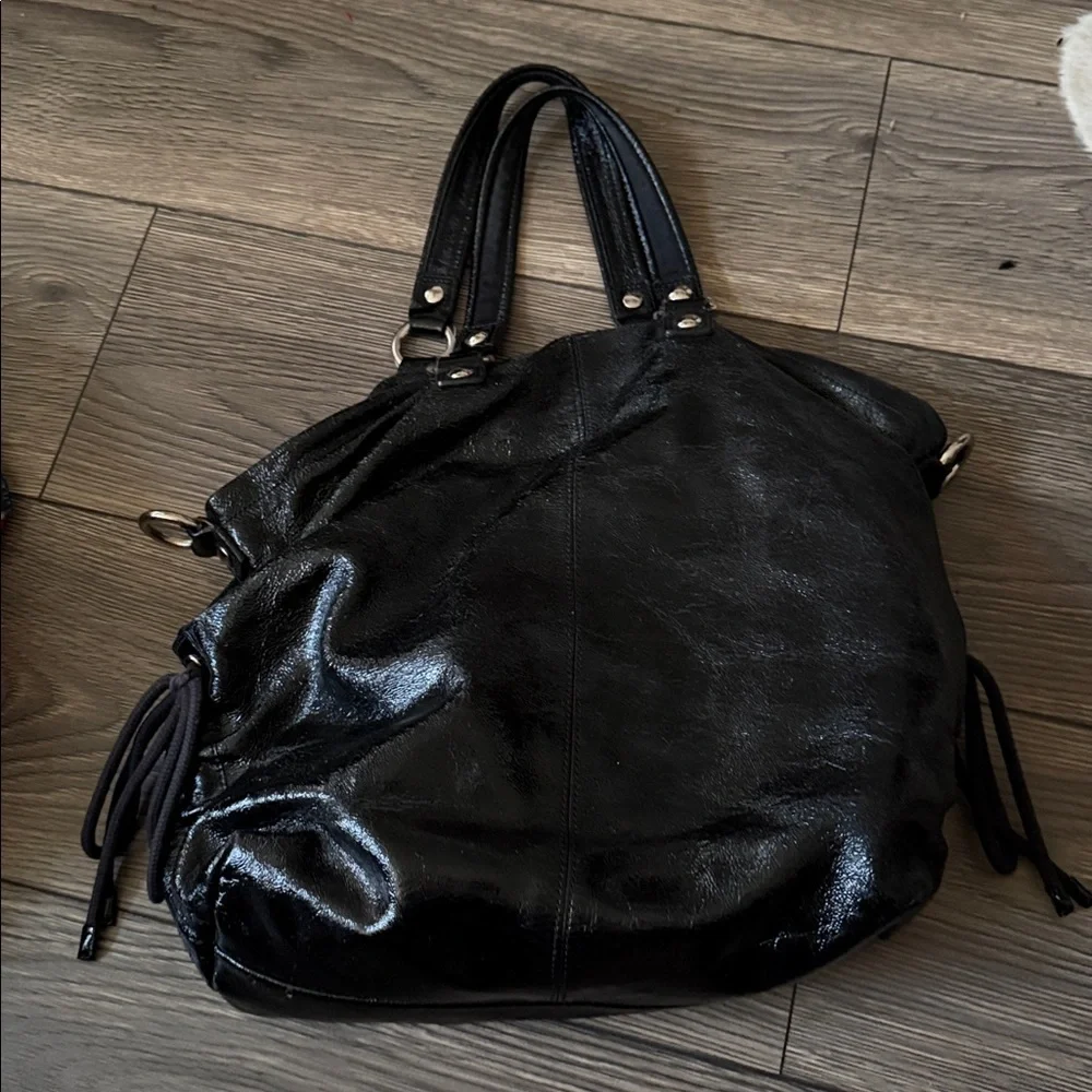 AUTH COACH POPPY GLOSSY CRINKLE PATENT LEATHER SATCHEL BAG PURSE 13869 BLACK - Picture 9 of 11